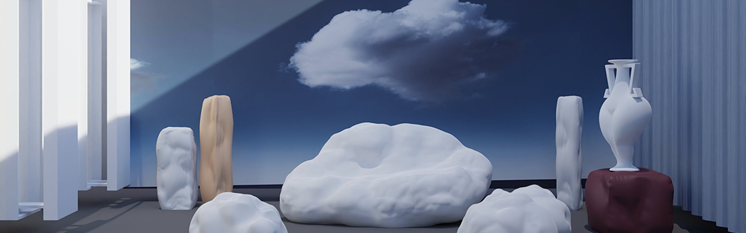 Set-up metafisico di Stephanie Blanchard di IAMMI Studio e Elif Resitoglu da Isola Design Gallery con Cloud sofa effetto nuvola realizzato dagli scarti di materassi in gommapiuma